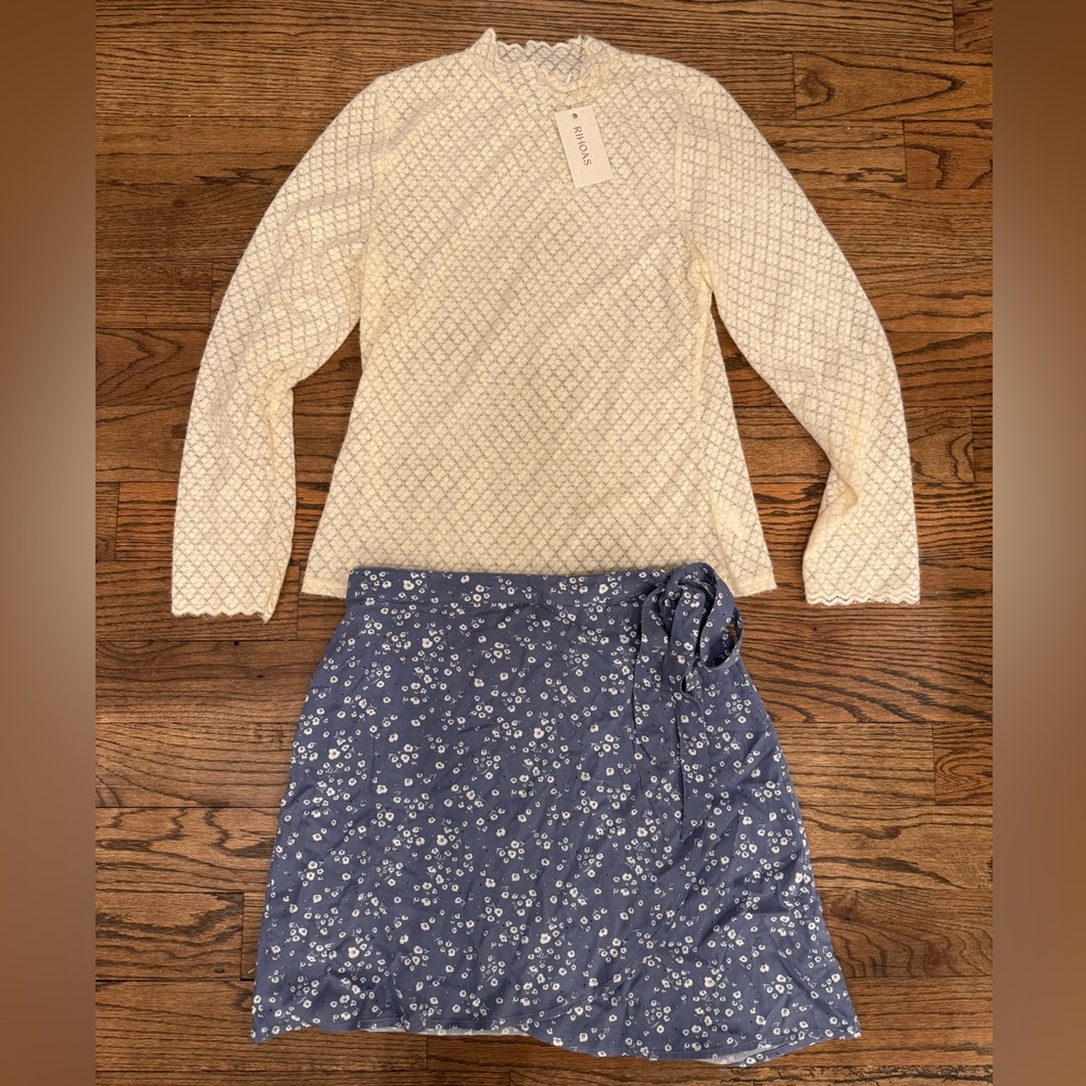 RIHOAS Lace Mock Neck Top NWT + Rachel Blue Floral Wrap Skirt Bundle Size L